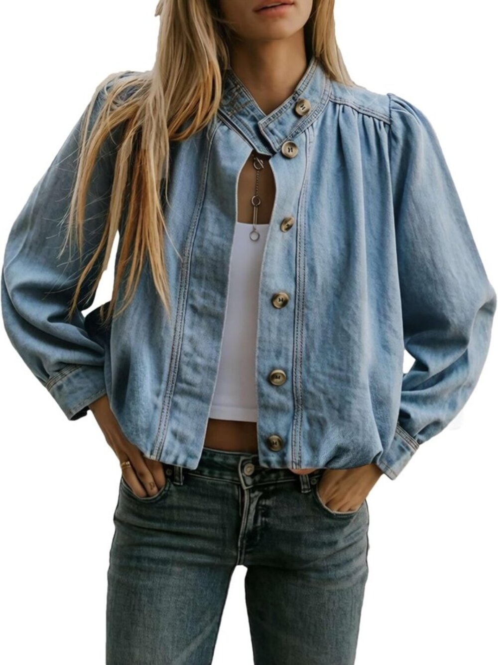 Vintage Puff Sleeve Denim Jacket - Women's Button-Up Jean Shacket, Stylish